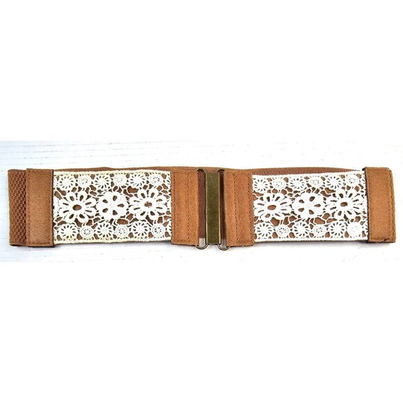 Vtg Stretch Wide Waist Belt With Crochet Lace Overlay & Metal Clasp Brown/White - Picture 1 of 5